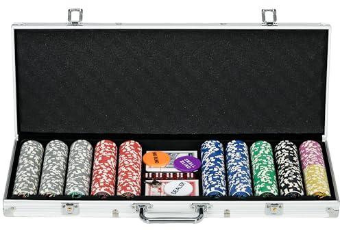 SPORTNOW Set di Fiches Poker, Set Poker Professionale con 500 Fiches da Gioco 11.5g, 2 Mazzi di Carte e 5 Dadi, Set Poker in Alluminio e Poliestere, Argento