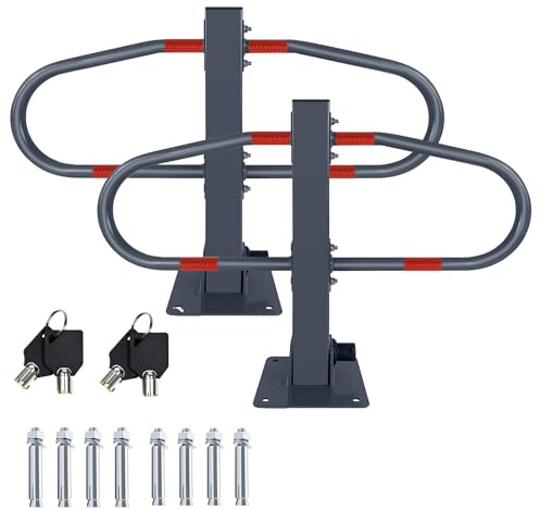 XMTECH Parkplatzsperre klappbar aus Stahl, Parkpfosten mit Schloss & 2 Schlüsseln, 4 Reflektorstreifen, wetterfeste Parkplatz Absperrung für privaten Stellplatz, 50H x 73B x 18T cm Parkbügel (2 Stück)