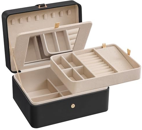 SONGMICS Boîte à Bijoux avec Miroir, Porte-bijoux 2 Niveaux, Plateau Amovible, 17,6 x 22 x 11 cm, pour Colliers, Boucles d’oreilles, Idée Cadeau, Noir d’Encre JBC200B01