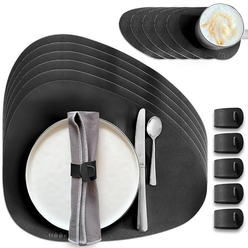MIQIO Tischset aus Kunstleder - 18er Set - inkl. Untersetzer- Leder Platzsets abwaschbar - 6X Platzsets, Glasuntersetzer, Serviettenringe | schwarz | stoneförmig
