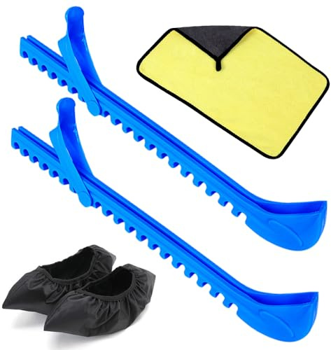 NAVESO Kufenschoner Schlittschuhe, Kufenschoner für Eishockey Schlittschuhe, 1 Paar Elastische Kufenstrümpfe+1Paar Verstellbar Schutz Kunststoff+Towel, Kufenschutz Zubehör für Damen Herren Kinde