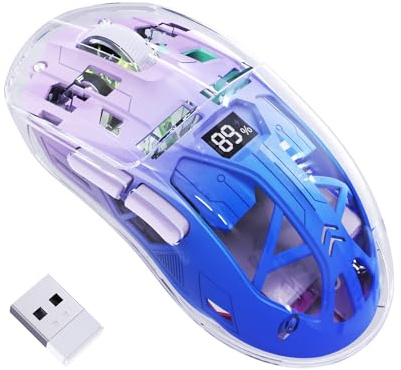 FREEWOLF A2 Kabellose Gaming-Maus, Dual-Mode 2,4G/Bluetooth PC-Gaming-Mäuse, RGB-Maus mit Akku-Display, Transparente Hülle, PixArt 3212, 4000 DPI 5 Einstellbar, für Win/MAC - Zwielichtviolett