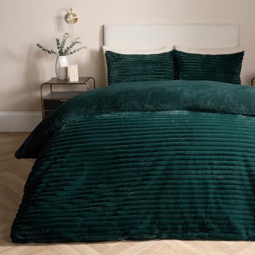 OHS Teddy Ribbed Double Bed Cover, Winter Bedding Super Soft Warm Fluffy Quilt Covers with Pillowcases Fluffy Bedding Double Reverse Fur Fleece Duvet Covers - Forest Green