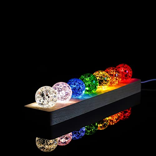 LOULIQIGIFT 7 Colors Ice Cracked Balls with LED Wooden Base 40mm Healing Sphere Balls Set Crystal Chakra Night Light Decor