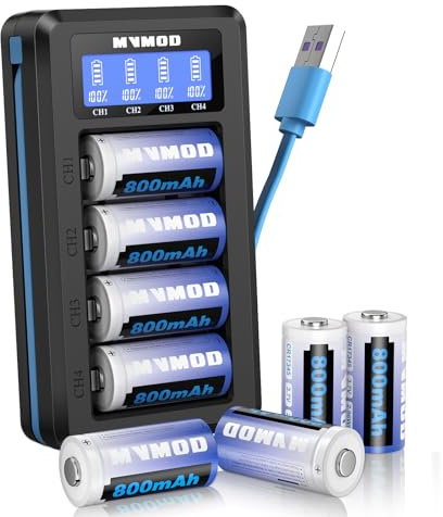 MVMOD CR123A Baterías Recargables 8 Paquetes, CR123A 3.7V Baterías de Litio Recargables con Cargador, CR17345 Batería para Arlo Cámara VMC3030 VMK3200 VMS3330 3430 3530 Linternas Micrófono