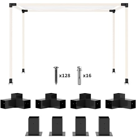 Outsunny Pergola-Bausatz, DIY-Pergola-Halterungen mit 3-Wege-Pergola-Eckhalterungen und Pfostenfuß für 4 x 4 (tatsächlich 3,6 x 3,6) Holz, 8 Stück inklusive Schrauben