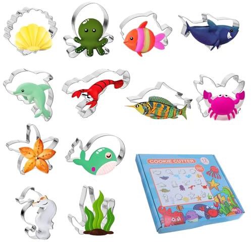 12 Pcs Ocean Creatures Cookie Cutters Set for Christmas, Stainless Steel Metal Molds Biscuit Cutters Bake Mold for Kitchen Baking, Fruit Sandwich Pastry for Christmas Birthday DIY Valentine's Day
