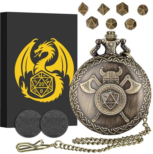 Set di dadi mini DND con casco vichingo con custodia a conchiglia per orologio da tasca a doppia ascia, set di base DND, set di 7 mini dadi in metallo poliedrici, regali di D&D con scatola regalo