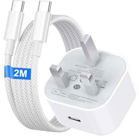 iPhone 15 16 17 Fast Charger, 20W USB C Charger Plug with 2M Nylon USB C to Type C Cable for iPhone 17/16/16 Plus/16e/16 Pro Max/15/15 Plus/iPad, Type C Plug UK Power Adapter and Nylon Braided Cable