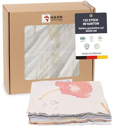 Hahn Putzlappen® Weiche Baumwolllappen Bunt [125 Stück] – Nahtlos zugeschnitten 30x30 cm – Saugstark & langlebig für Werkstatt, Haushalt & Autopflege – 100% Recycling, Trikot & Flanell, Made in DE