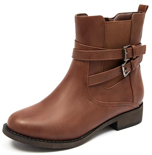 Ataiwee Women's Ankle Boots - Classic Side Zip, Comfortable Platform, Cover with Buckle Strap, Round Toe, Low Chunky Heel Comfort Slip On Fashion Dark Brown Boots.(PU,7.5 UK)