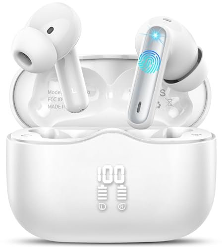 Auriculares Inalámbricos Bluetooth, Auriculares Bluetooth 5.4 con 40H HiFi Estéreo, 4 Mic, Reducción de Ruido, IP7 Impermeable cascos inalambricos con Pantalla LED, Carga Rápida, Ajuste Cómodo, Blanco