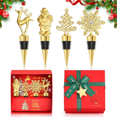 Weinverschluss Weihnachten 4-teilig - Gold Weinkorken aus Zinklegierung als - Weinflaschenverschluss Weihnachten in Weihnachtsverpackung,Weihnachtsgeschenke für Männer Frauen mit Weihnachtsverpackung