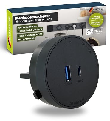 SCHWAIGER Steckdosenadapter für modulare Stromschiene Haushaltsstecker USB Ladeadapter Click & Twist System 680W/20W VDE Zertifiziert Ø 62 mm werkzeuglose Montage Schwarz