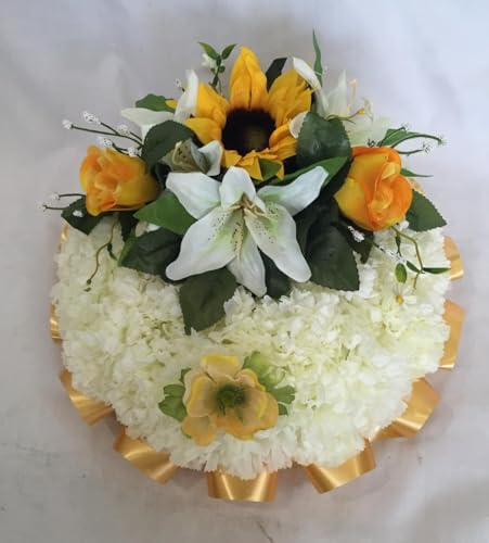 Silky Bouquets Sunflower Posy Pad Funeral Tribute – 12 Silk Carnation Posy with Ribbon Edge | Personalized Memorial with Sunflower, Rose & Lily Cluster
