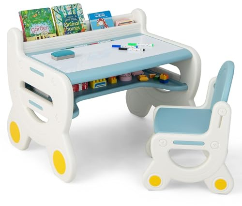 COSTWAY Barnbordsstolsset, barnstolsgrupp med whiteboard, bokhylla och pennslits, barnbord med förvaringsutrymme, målbord för barn från 3 år (blå)
