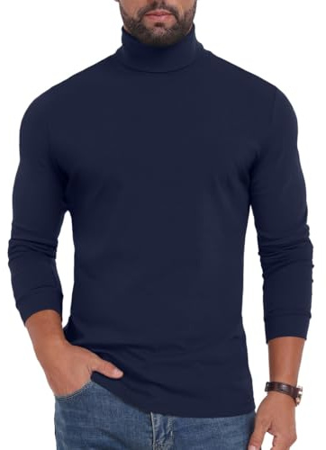 PrinStory Långärmad tröja för män, rund hals, långärmad polotröja, topp, varm, mock turtleneck stickad tröja, Marinblå, M