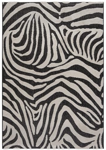 Mazovia Grande Alfombra de Exterior Terraza 160x230cm Negro y Blanco Cebra | Alfombra de Jardín para Balcón Resistente a la Intemperie Antialérgico Suelo Radiante Fácil de Limpiar Resistente al Agua