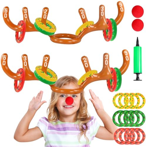 2 Set Aufblasbares Rentiergeweih-Spiel, Weihnachten Aufblasbares Ringwurfspiel, Aufblasbares Geweih Ring Wurf Spiel mit 12 Ringe, 2 Clownnasen und 1 Luftpumpe, für Weihnachtsfeiern und Familienspiele
