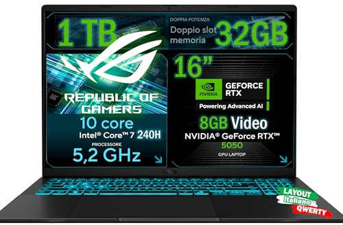 ASUS Notebook Gaming, CPU Intel Core 7 240H 5,2 GHz, RAM 32GB DDR5, SSD 1TB NVMe, NVIDIA GeForce RTX 5050 8GB, Display 16 FHD IPS, WiFi 6E, Tastiera Retroilluminata, Win 11 Pro, Portatile QWERTY