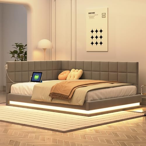 ZIDEY Polsterbett Schlafsofa 140x200 mit LED, USB-Steckdose, Tagesbett mit Lattenrost, Sofabett Funktionsbett Daybett, ohne Matratze, Grau