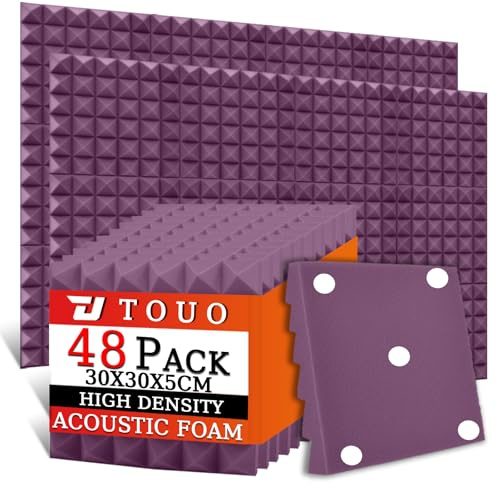 TOUO 48 Pack Acoustic Foam Panels, 30x30x5cm Pyramid Sound Proof Panels for Walls, High Density Fire Resistant Soundproofing Foam for Studio Walls and Ceilings(Purple)