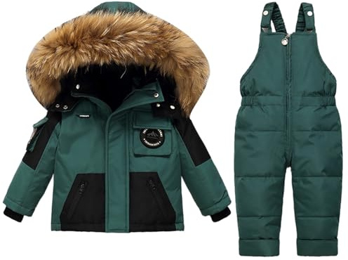 Tuta da neve per bambini, ragazze, ragazzi, giacca da sci e snowboard isolante, set da 2 pezzi con giacca con cappuccio in pelliccia sintetica con cerniera e tuta da neve, per bambini piccoli, caldi e
