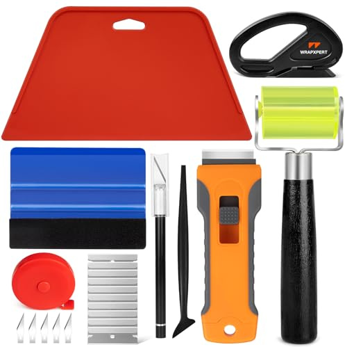 WRAPXPERT Wallpaper Tools, Smoothing Tool Kit for Peel and Stick Wallpaper/Contact Paper/Vinyl Backsplash Applying, with Squeegee Smoother, Seam Roller, Razor Scraper, Knife and Blades