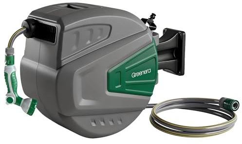 Wall Mounted Garden Hose Reel, 30+2m Retractable Hose Pipe, Auto Rewind System, Easy to Install, Any Length Lock,180°Swivel Bracket, Heavy Duty Water Hose Reel