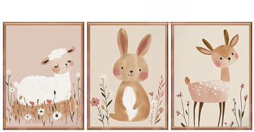 Ueiwffzo 3er Poster Set Ostern Hase Bilder, Cartoon Tiere Hirsch Wandbilder Leinwand Babyzimmer Ohne Rahmen Wandposter Kinderzimmer Osterndeko für Mädchen Jungen (30x40cm)