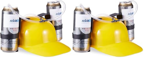 Relaxdays Party Trinkhelm, Helm mit Schlauch, für 2 Dosen Bier, Spaßartikel Fasching u. Fußball, Gelb (Packung mit 2)