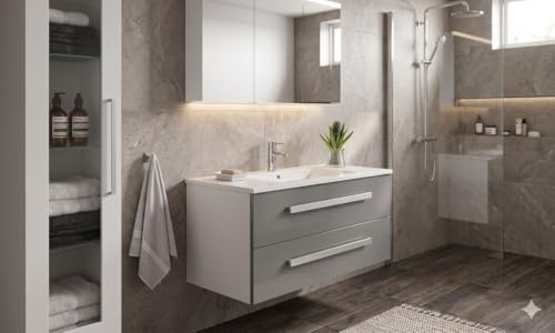 Jet-Line Badset Badmöbel Waschtisch Locarno Grau Hochglanz Unterschrank mit Soft Close Keramik Waschbecken für Bad und WC