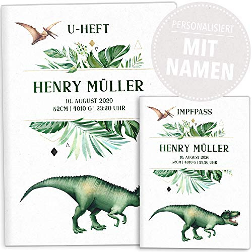 OLGS U-Heft Hüllen Set Dinosaurier Untersuchungsheft Hülle & Impfpasshülle schöne Geschenkidee personalisierbar mit Namen und Geburtsdatum (U-Heft Hüllen Set personalisiert, T-Rex)