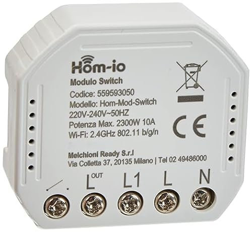 Hom-io | Modulo Switch da Incasso 10A, 1 Canale WiFi, Comandabile da App o Interruttore, Controllo Remoto Luce e Dispositivi Elettrici, Compatibile con Alexa e Google Home