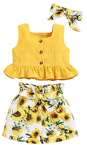 ANUFER 3 Piezas Niña Conjuntos de Ropa Brillante Amarillo Girasol Bebé Trajes Tops de Chaleco + Pantalones Cortos + Venda