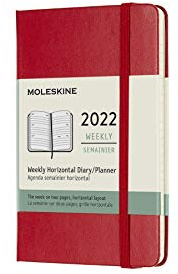 Moleskine Wochenkalender 2022, 12 Monate Wochenplaner, horizontal, fester Einband, Format Pocket 9 x 14 cm, Farbe Scharlachrot, 144 Seiten