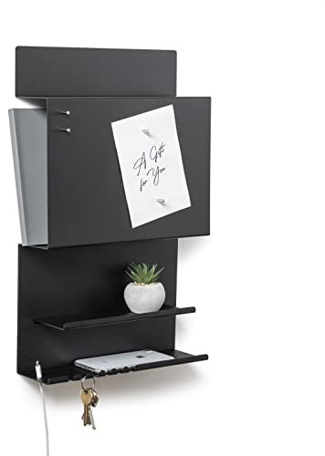 byde Wandorganizer Hepe aus Stahlstruktur. 30 x 9 x 49 cm 3-in-1 Wandregal mit Magnettafel und Magneten. Tafel für Schlüssel, Zeitungen und Notizen. Schwarze Farbe