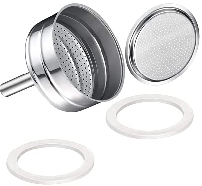 Saraoriginalshop Lot de 2 Guranitions 1 filtre 1 entonnoir de pièces universelles pour Moka compatibles avec Bialetti compatibles avec Pedrini et autres disponibles en 8 tailles. (6 tasses)