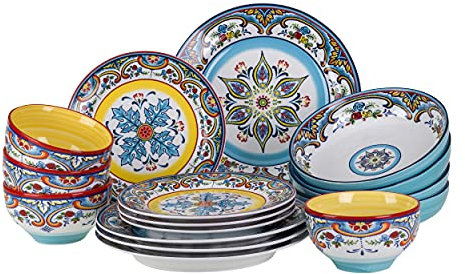 Euro Ceramica Zanzibar Juego de vajilla de 16 piezas de doble tazón | Utensilios de cocina fina | Servicio de vajilla de gres de diseño floral multicolor para 4