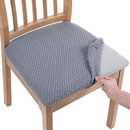 Homaxy Dining Chair Seat Covers Set of 2, Stretch Jacquard Dining Chair Slipcovers Seat Protector with Buckle for Dining Room Kitchen, Grey