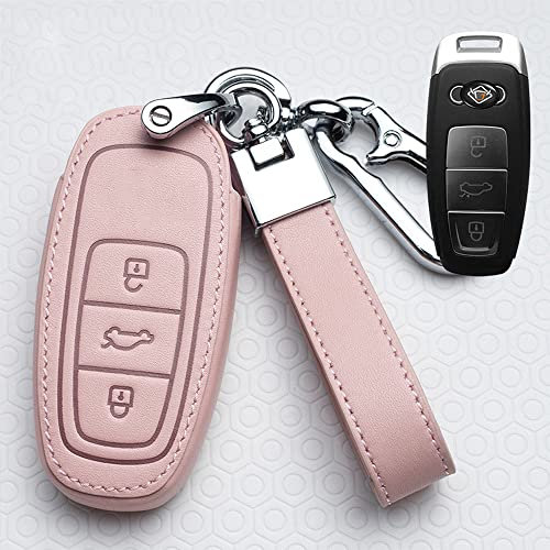ontto PU Leder Autoschlüssel Hülle Passt für Audi A3 A4 B9 A6 C8 A7 S7 4K A8 D5 S8 Q7 Q8 SQ8 E-tron 2018-2021 Zubehör Fernbedienung Cover Schlüsselanhänger Schutzhülle Schlüsselcover 3 Taste-Rosa D