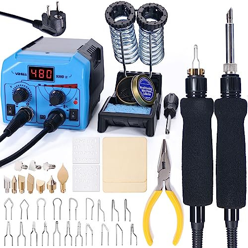 YIHUA 939D-II 2-IN-1 Brandmalerei-Set Holzbrennstation mit 2 Brandmalkolben-Stiften(Festspitze & Drahtspitze) mit 10 Festspitzen und 20 Drahtspitzen für Holzverbrennung(EU PLUG)