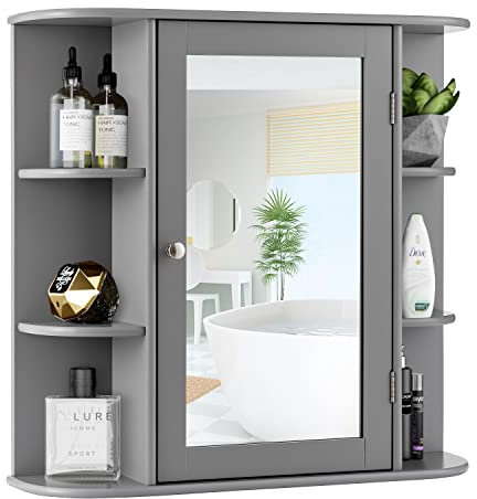 GIANTEX Spiegelschrank Bad, Badezimmerschrank hängend Holz, Hängeschrank mit Spiegel, Badezimmerspiegel Schrank 4 Ablagen & 6 Regal, Wandschrank eintürig, Badschrank Schminkschrank 65x17x64 cm (grau)