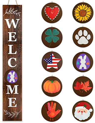 Perfnique Interchangeable Welcome sign for front porch standing, 47 x 7.9 Inch Black Wooden Leaner Sign with 10 Interchangeable Designed Icons, Morden Farmhouse Rustic Seasonal Decor for Spring