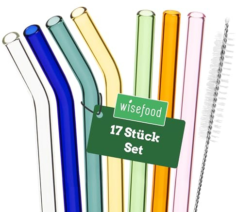 Wisefood® Glasstrohhalme Strohhalme Ø 10 mm [14 Stk.] wiederverwendbare Strohhalme Glas mit 2 x Strohhalm Bürste [bunt] Trinkhalme Glas mit Strohhalm [Size 21,5 cm] Straws lang | Glasstrohhalm kurz