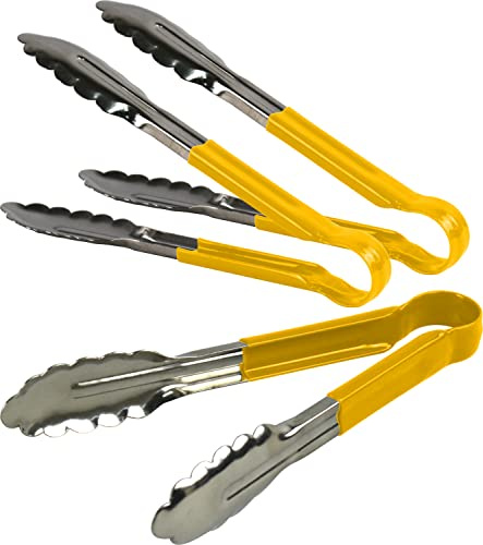 3X Catergold Professional Stainless Steel Cooking Tongs Set (9, Yellow)