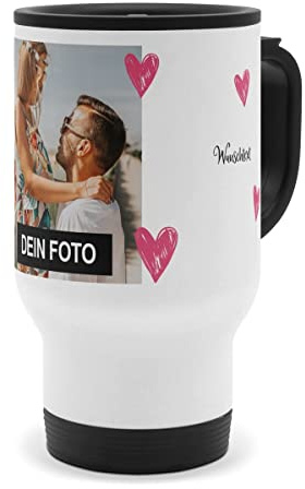 PhotoFancy® - Personalisierter Thermobecher 'Herzen' - Isolierbecher To go mit eigenem Foto und Text selbst gestalten - Layout Herzen