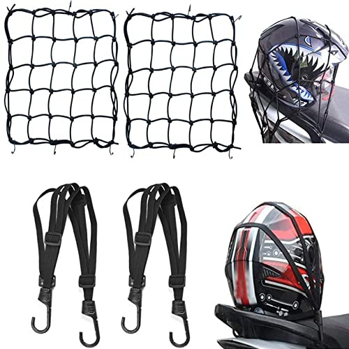 4PCS Helmet Lock System, 2x Cargo Nets + 2x Elastic Ropes with 6 Hooks, 40cm Heavy Duty Straps for Bike/ATV/Scooter, Secure Helmet and Luggage (Black)