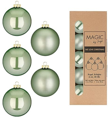 Inge-glas Weihnachtskugeln Glas 6cm x 20 Stück in Kartonbox Christbaumkugeln Set salbeigrün Mild Sage