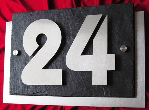 Leskow Metalldesign 3D Hausnummer aus Edelstahl und Schiefer, Individuelles Hausnummernschild, Straßenschild mit Hausnummer, Anthrazit Türschild